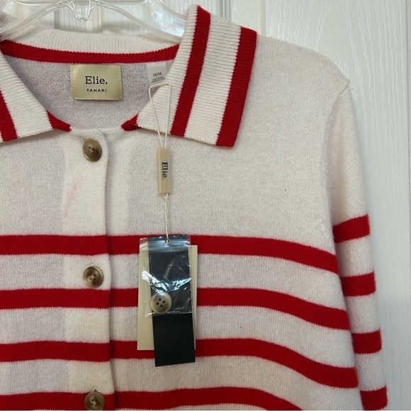 ELIE TAHARI Cashmere Stripe Crop Cardigan in Frost White/True Red Size M - Picture 6 of 7